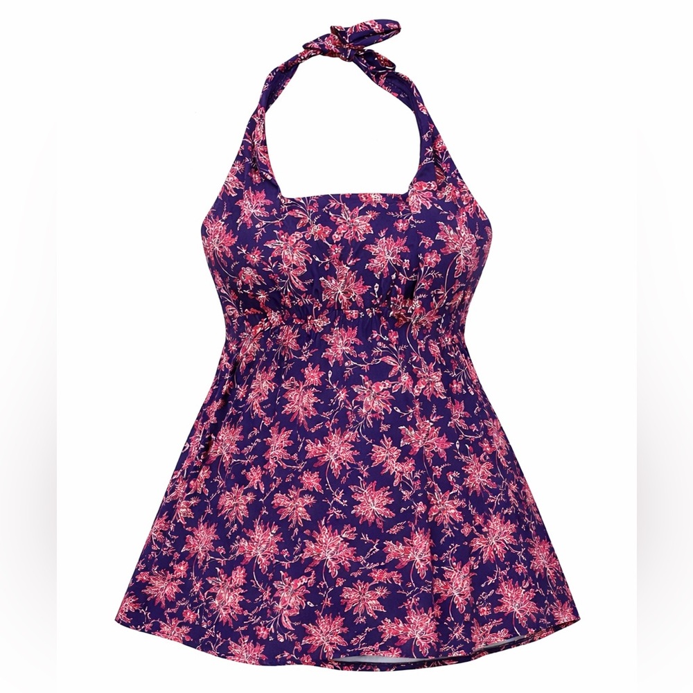 Lands' End Floral Swimdress Women's 2X Purple Pink Halter One Piece Swimsuit